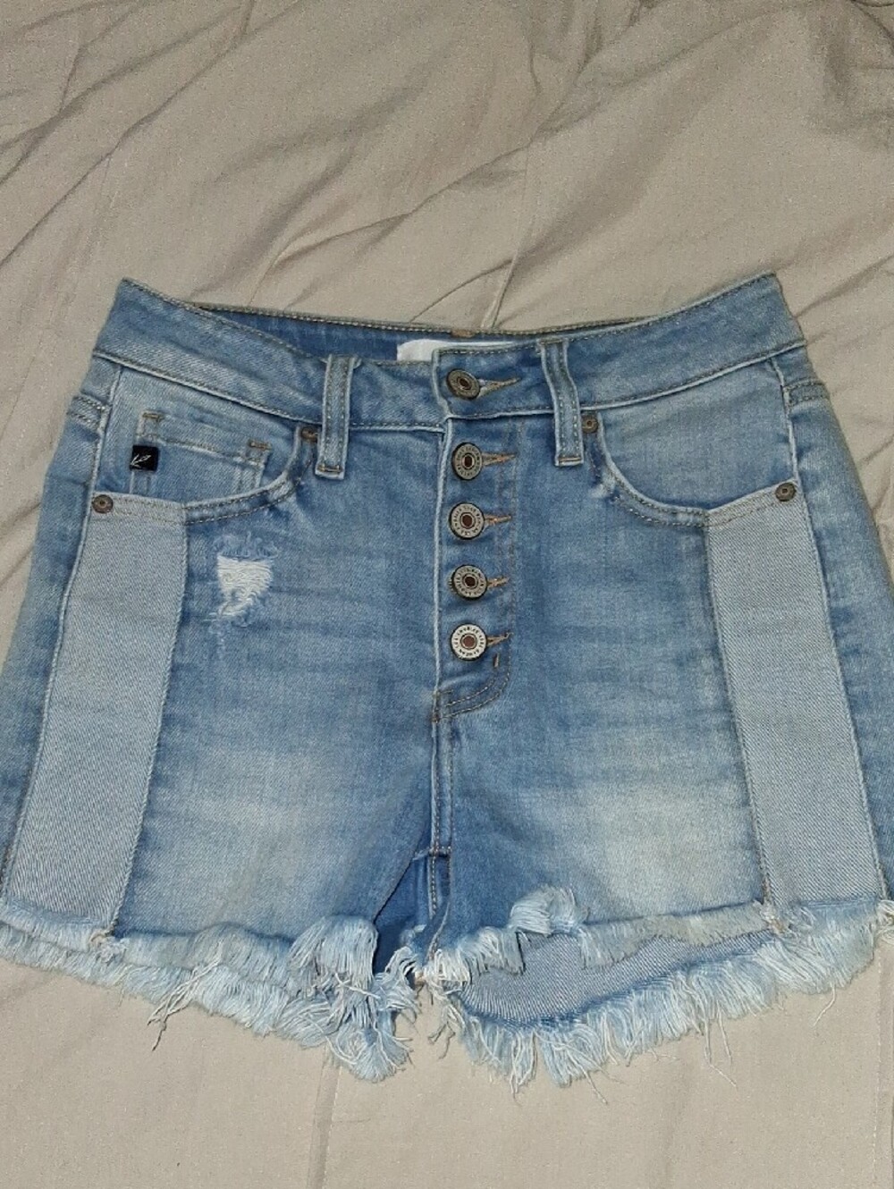 KanCan Light Blue High-Waist Button Fly Frayed Hem Shorts